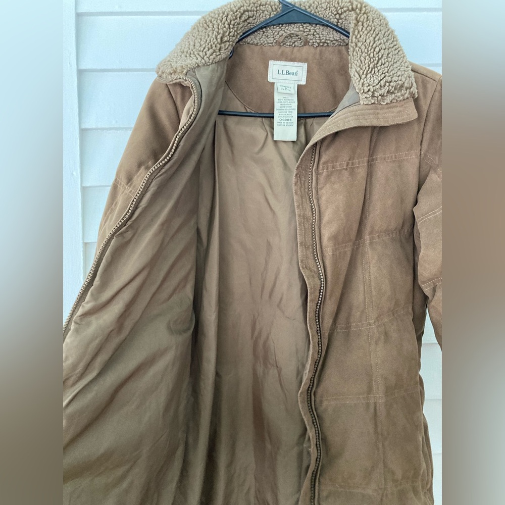 L.L. Bean | Faux Suede Quilted Goose Down Parka Sherpa Collar Size Small Petite - Picture 8 of 10